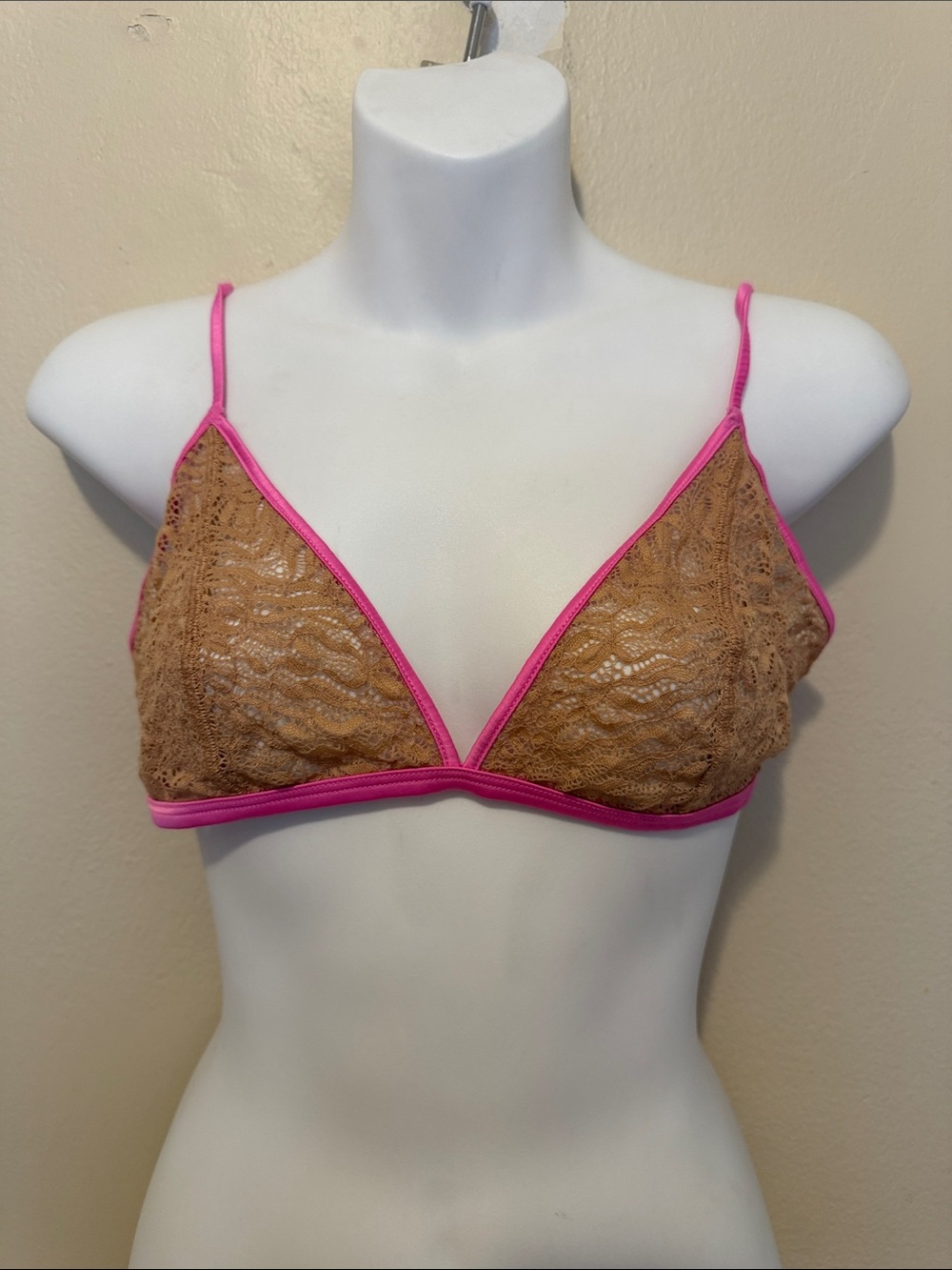 Nude Lace Triangle Bralette with Pink Trim